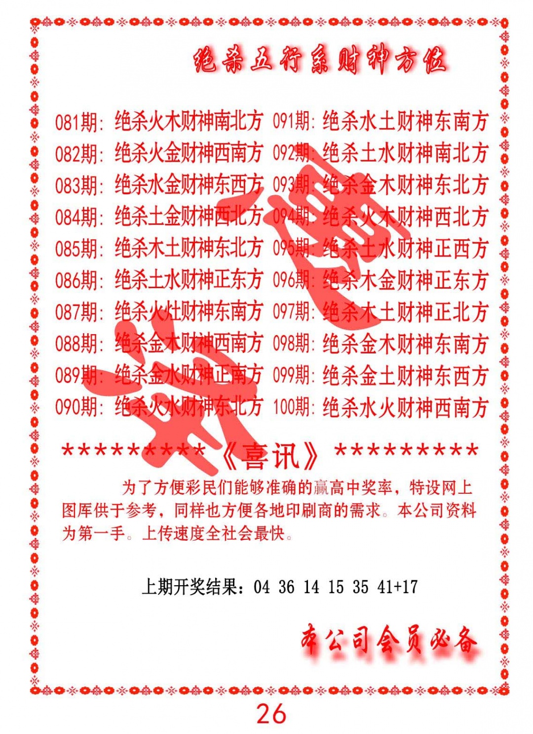 082期绝杀五行及财神方位[图]
